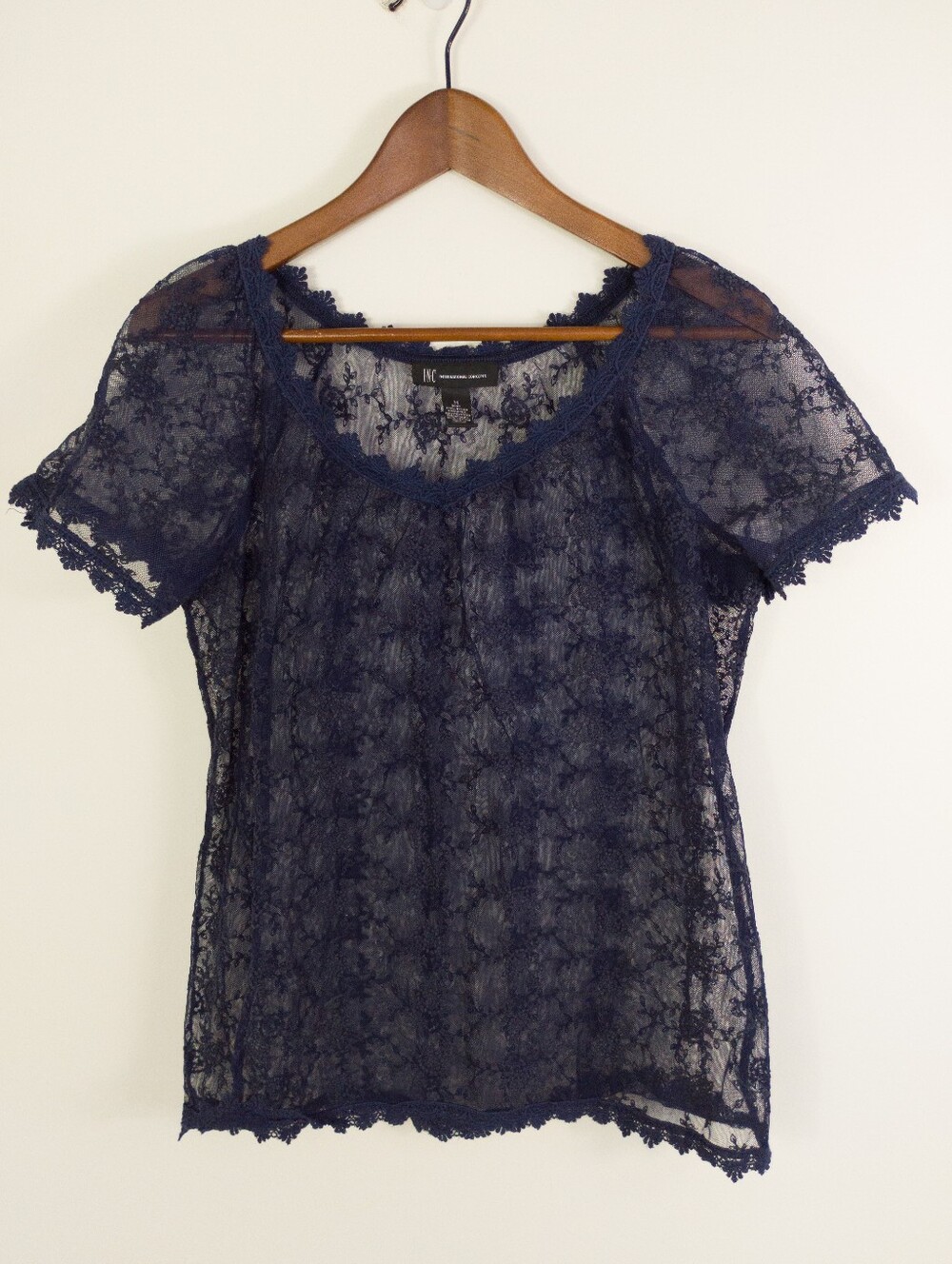 INC International Concepts Navy Blue Sheer Embroidered Mesh Lace Top Medium